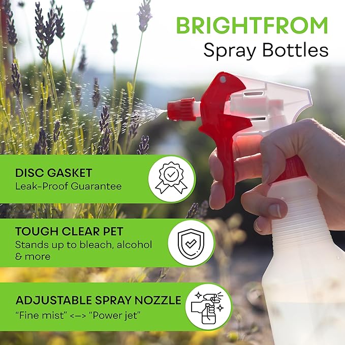 BRIGHTFROM 32 OZ Empty Plastic Spray Bottle, Heavy Duty with Adjustable Spray Nozzle, Chemical Resistant, All Purpose, Professional for Cleaning, Planting & Chemical Solutions