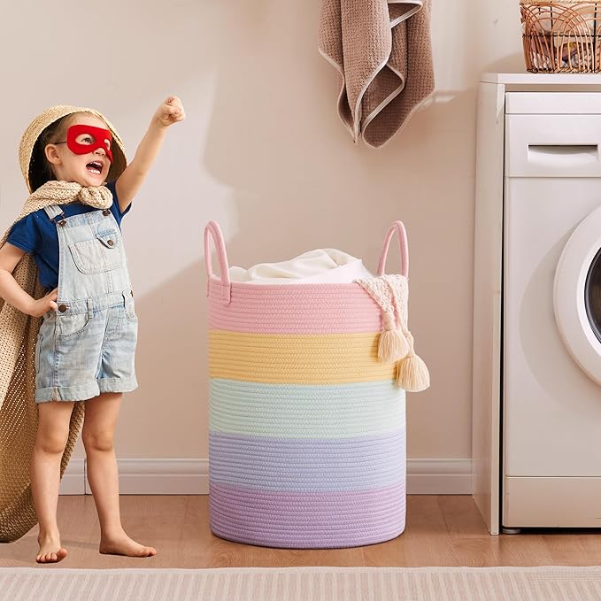 15Dx20H inches Baby Girls Kids Hamper Rainbow Laundry Basket for Nursery Clothes Pastel Unicorn Woven Hamper in Playroom Bedroom Large Tall Blanket Basket