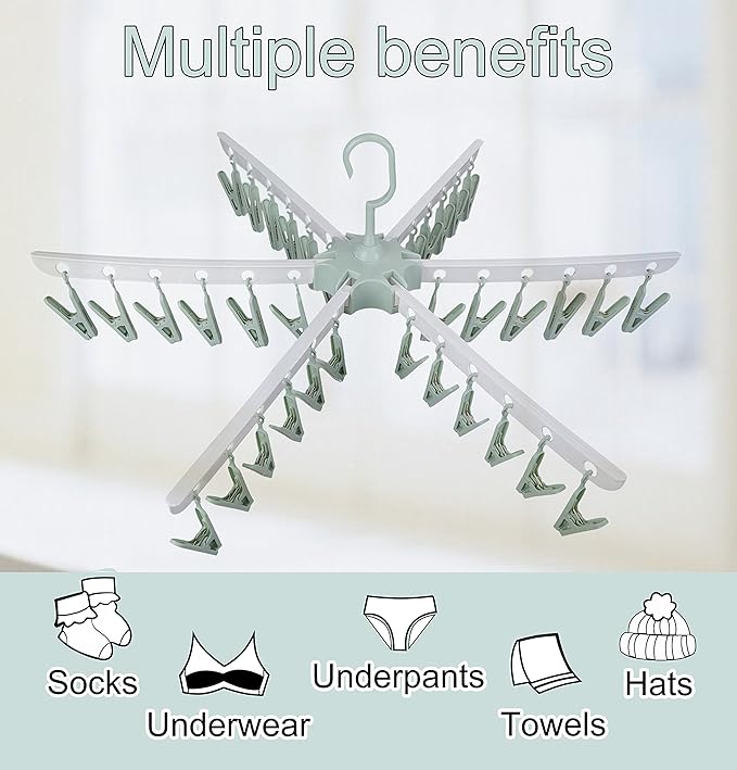 Swivel Hook Plastic 36 Pegs Drying Rack Clothes Hanger for Underwear Socks Gloves (Green) (Green)