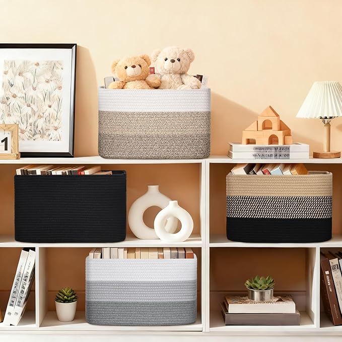 Baskets for Organizing,Storage Baskets,3 Pack Baskets for Shelfves,15"×10"×9" Woven Grey Basket,toy storage bins,bins for organization