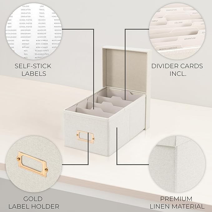ZICOTO Decorative Photo Storage Box - Sturdy Linen Photo Organizer with Dividers is Perfect to Store Up to 850 Pictures and 4x6 Photos - Portable Scrapbook Storage Containers with Lid