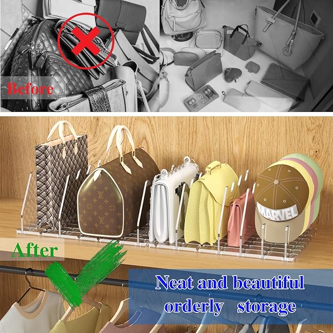 purse organizer for closet Sleek Transparent Acrylic Adjustable Organizer -shelf dividers Multifunctional for Home & Office Spaces (4 Baffles + 1 Hat Stand)