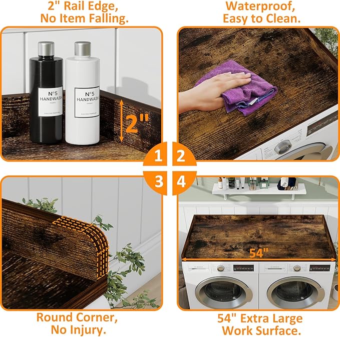 Washer Dryer Countertop, 54" Width * 27.4” Depth Washer and Dryer Covers for The Top for Laundry Room Organization, Washer and Dryer Countertop Shelves, Brown