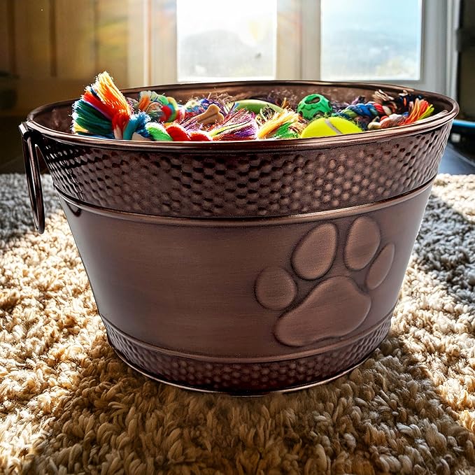 BREKX Metal Indestructible Dog Toy Bin - Storage Bin with Handles, Farmhouse Organizer Storage Basket for Pet Toys, Blankets, Leashes - Home Decor (Lead-Free Copper)