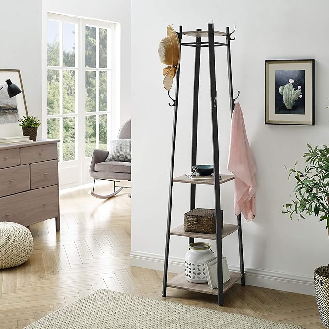 VASAGLE Coat Rack, Coat Stand with 3 Shelves, Hall Tree Free Standing with Hooks for Scarves, Bags, Umbrellas, Steel Frame, Industrial Style, for Entryway, Living Room, Greige and Black ULCR080B02