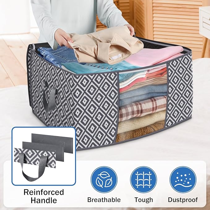 Direct 100L, 4 Pack, Storage Containers, Large Clothes Storage Bins Foldable Organization and Storage Bags with Reinforced Handle, Clear Window for Bedding, Blankets, Clothing, Grey