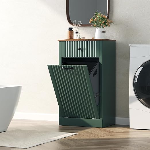 Fluted Tilt Out Laundry Hamper Cabinet, 10 Gallon Hidden Trash Can Cabinet, Wooden 2 in 1 Tilt Out Garbage Can for Kitchen, Bathroom (Green, Single)