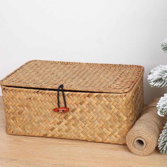 Wicker Shelf Baskets with Lid,Handwoven Seagrass Basket for Storage Basket Bins Rectangular Home Organizer Gift Boxes (Natural Large)