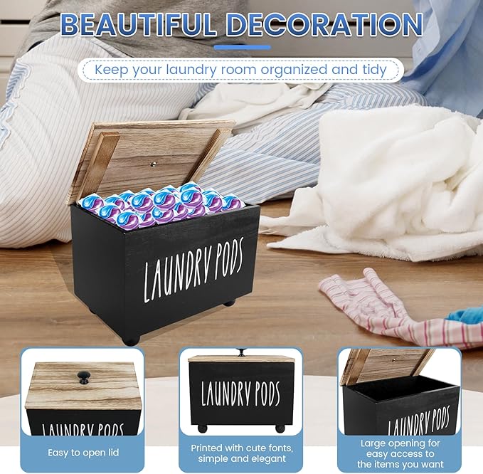 Farmhouse Laundry Pods Container with Lid, Solid Wood Dryer Sheet Holder, Stylish Laundry Pod Holder, Multipurpose Dryer Sheet Container for Laundry Room Kitchen Bathroom Organization Decor (Black)