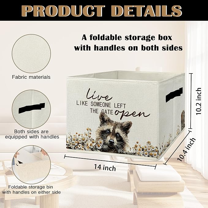 Rustic Raccoon Storage Bins & Boxes with Handles, Farmhouse Raccoon Foldable Basket for Organizing, Live Like Someone Left the Gate Open Collapsible Storage Basket for Bedroom Bathroom Clothes