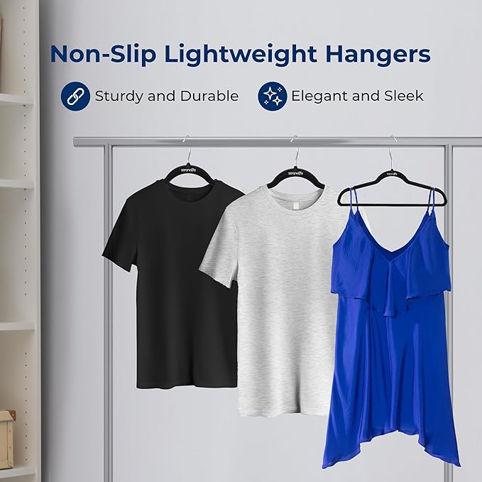 SereneLife Non-Slip Velvet Hangers, Mega Pack, 150 Pieces Hangers for Clothes, Heavy Duty Cloth Hanger Set with 360 Degree Swivel Hook, Black