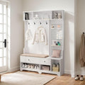 All-in-One Design Hall Tree with Removable Linen Cushioned, Entryway Bench, Coat Rack, Storage Shelves, DIY Pegboard, 4 Hooks, Multi-Purpose Hall Tree for Hallways Living Room
