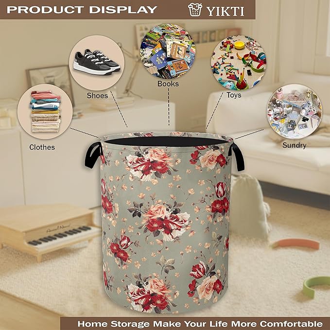 Red Rose Flowers Laundry Hamper,Vintage Floral Clothes Hamper for Laundry,Waterproof Oxford Toy Storage Collapsible Hampers for Bedroom, Dorm Room,Bathroom,16x20 Inch