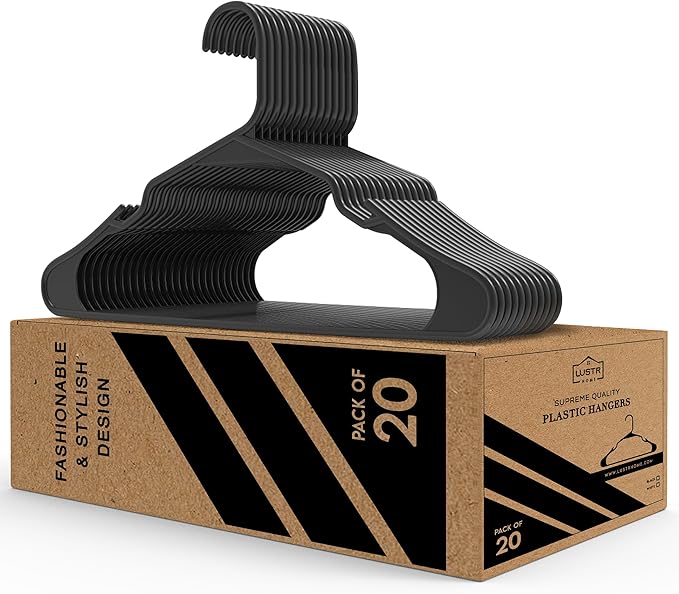 Heavy Duty Anti-Slip Plastic Clothes Hangers, 20 Pack, Black