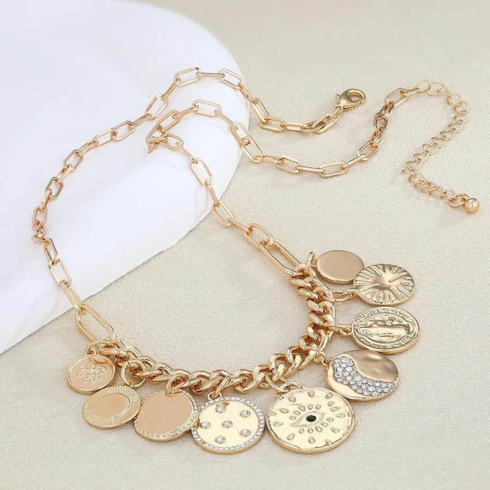 Chunky Gold Necklace for Women Gold Evil Eye Cowboy Pendant Necklace Dainty Paperclip Chain Vintage Luck Amulet Choker Necklaces Celestial Jewelry Gift