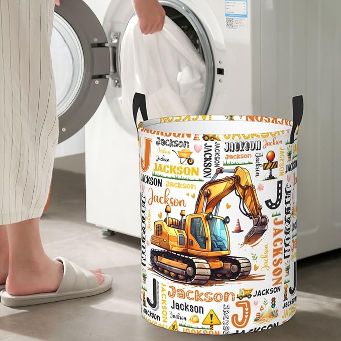 Personalized Excavator Laundry Basket For Baby Kids Boys Girls Adult Custom Hamper Basket With Name For Bathroom Bedrooms Collapsible Baby Laundry Basket, Dirty Clothes Hamper With Handles