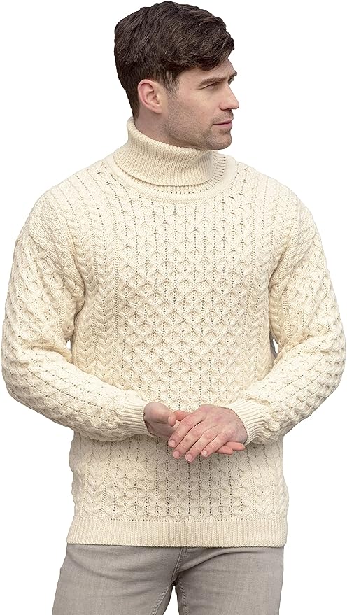 Aran Crafts Unisex Irish Cable Knitted Soft Roll Neck Sweater (100% Merino Wool)