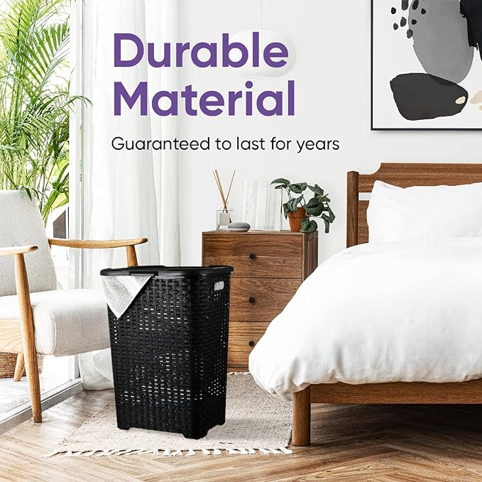 Plastic Laundry Hamper with Lid 3 Pack Laundry Hamper Basket, Black Tall Cloths Hamper Organizer with Cut-out Handles. Space Saving for Laundry Room Bedroom Bathroom, Wicker Design 60 Liter