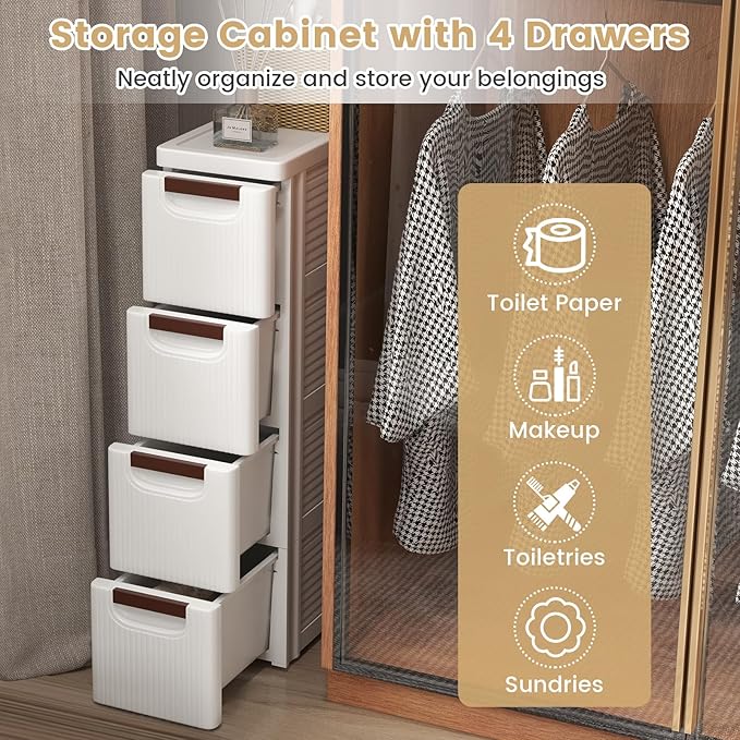 LOKO 4-Drawer Narrow Storage Cabinet, Slim Rolling Cart, Mobile Plastic Cart Container with Pull Handles, Built-in Wheels, for Living Room, Kitchen, Bathroom, Office (7.5"x16.5"x29.5" (4 Drawer))