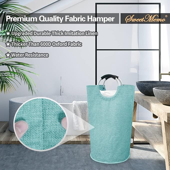 Medium Laundry Hamper Bag, 82L Collapsible Tall Laundry Basket, Double Layer Fabric, Full-Ring Aluminum Handles, Stands Upright, Heavy Duty Clothes Hamper for Bedroom Dorm, Light Blue