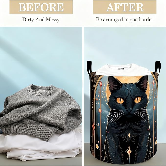 Mystical Black Cat Laundry Basket Hamper for Boys Girls Kids Adults, Foldable Waterproof Oxford Clothes Storage Bin, Gothic Organizer for Bedroom Bathroom Room Decor 19.7"x15.8"