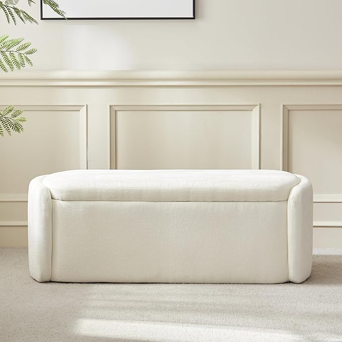 VKNOW Storage Ottoman Bench, 46" Upholstered Oval End of Bed Bench Ottomans Bench Foot Rest, Sherpa Storage Bench for Bedroom, Living Room and Hallway, Beige