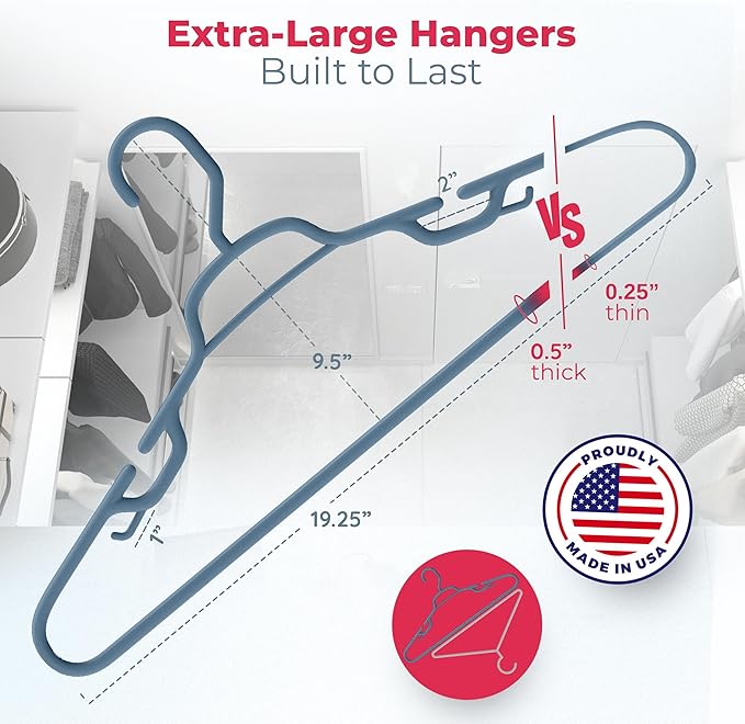 Neaties Large & Wide Heavy Duty Clothes Hangers 20 Pack (24 Count) – Made in USA – Ideal for Plus Size Clothing – 10lb Plastic Hangers with Notches for Oversized Adult Coats & Pants – Blue
