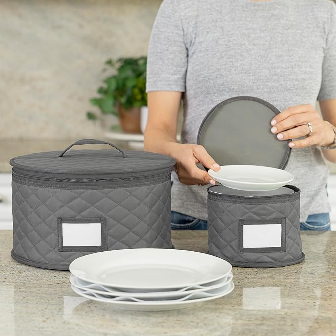 2 Pack 10" Salad Plate Quilted Cases - China Storage Container - Stackable With Padded Interior to Store your Dinnerware Dishes - Great for Luncheon Plates and Pasta Bowls
