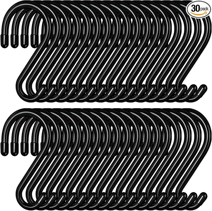 3 Inch S Hooks for Hanging, Vinyl Coated Heavy Duty, 30 Pack Non Slip Small Rubber Coated Steel Metal Black Closet Hooks for Jeans, Plants, Jewelry, Pot, Pan, Cups, Towels