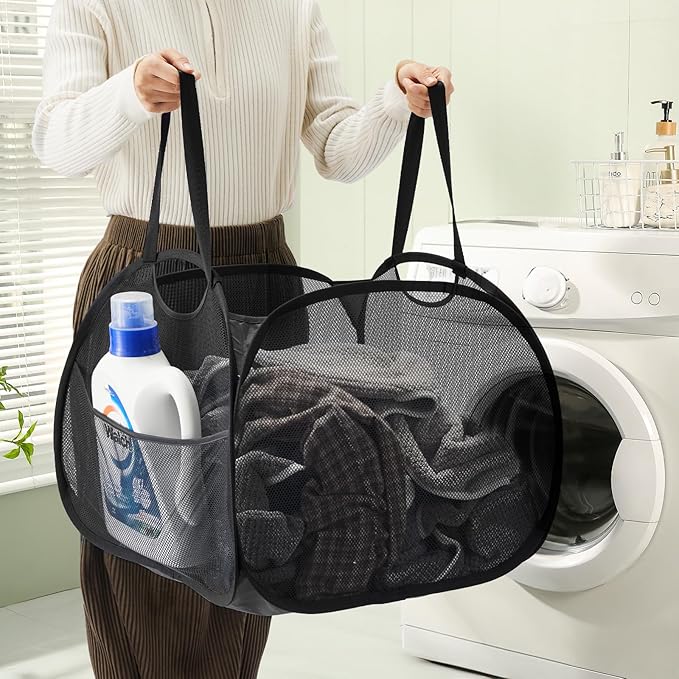 TECHMILLY Collapsible Mesh Pop Up Laundry Hamper with Strong Handles, Large Opening Clothes Hamper with Side Pockets, Storage Baskets for Dorm, Laundry Room, Bathroom or Travel (Black, 90L, 2Pack)