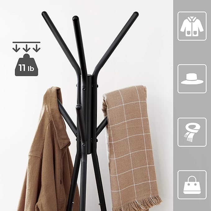 VASAGLE Coat Rack Freestanding, Coat Hanger Stand, Hall Tree with 2 Shelves, for Clothes, Hat, Bag, Industrial Style, Greige and Black URCR016B02