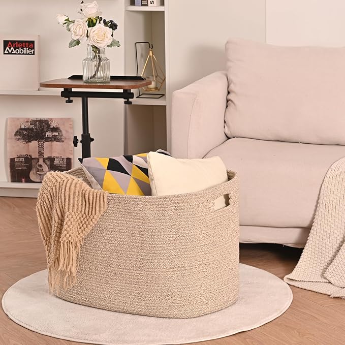Large Storage Basket for Organizing, Blanket Basket for Living Room, Large Toy Baskets for Storage, Woven Cotton Rope Baskets for Blankets, Clothes, Shoes, Brown, 25”x16”x16” (105L)