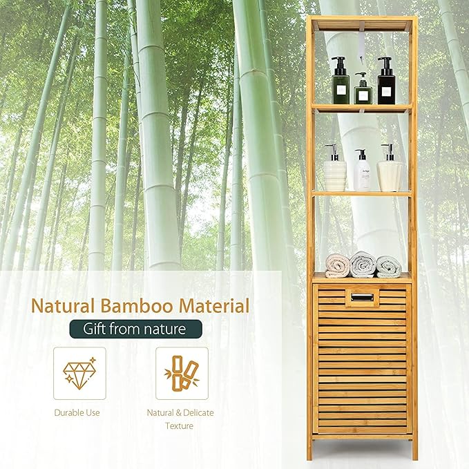 Byroce Bamboo Tilt Out Laundry Hamper with Shelves, 4-Tier Storage Shelf with Removable Laundry Basket & Handle, Tower Hamper Cabinet Organizer for Bathroom, Bedroom, Laundry Room, Living Room