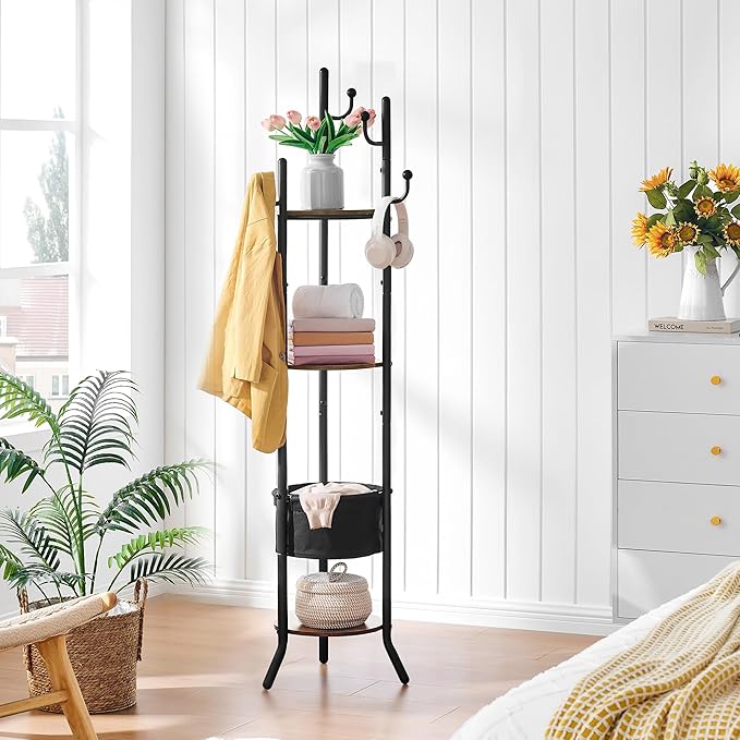 Hoctieon Coat Rack Freestanding, Round Coat Rack with 3 Wooden Shelves and 1 Fabric Basket, Metal Clothes Tree with 5 Hooks, Coat Hanger Stand for Clothes, Hats, Bags, Brown and Black