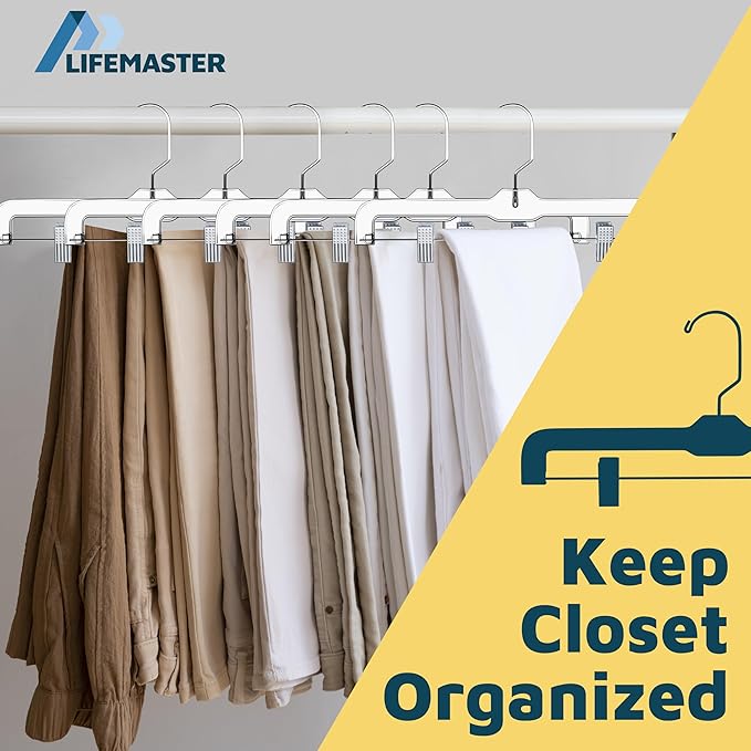 Lifemaster Clear Plastic Hangers - 50 Pieces 14 Inches Anti-Slip Space-Saving, Closet Organization Solution - Pants, Trousers, Skirts, Jeans Hangers with 360° Swivel Hook and Adjustable Clips - Clear