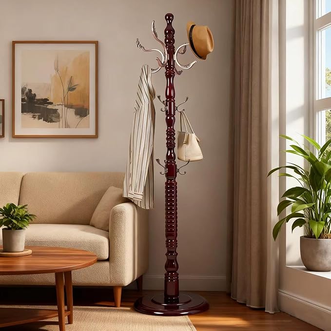 73" Wooden Freestanding Coat Rack，Easy to Adjust, Easy to Assemble for Children, Youth,Coat Rack Stand With Adults，18 Hooks and Round Solid Wood Base for Entrance Hallway Office Living Room (Metal)