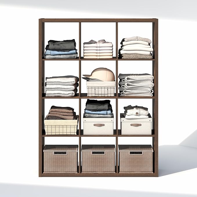 Furinno Cubic Closet Organizers and Storage, 12-Cube Closet Organizer, Open Shelf Closet Storage, Extra Thick Frame for Wardrobe, Bedroom, Living Room, Amber Pine