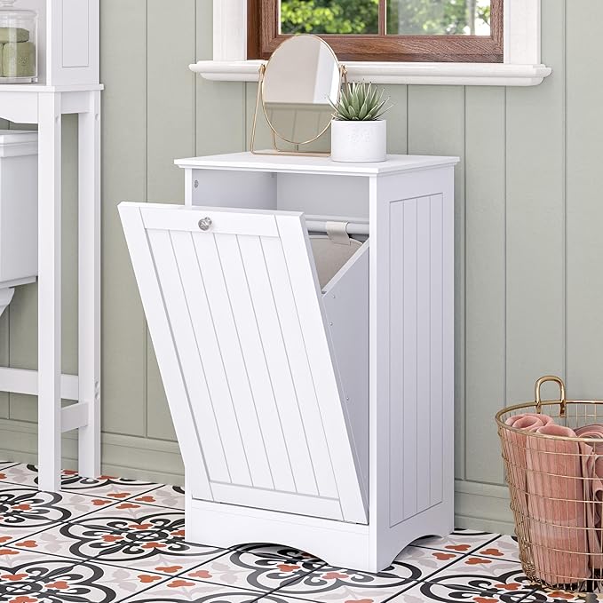 RiverRidge Ashland Tilt Out Laundry Hamper with Beadboard Design - Spacious Top Shelf, Removable Cloth Bag & Silver Knob - White Laundry Cabinet for Towels & Clothes Storage - Laundry Room Cabinets