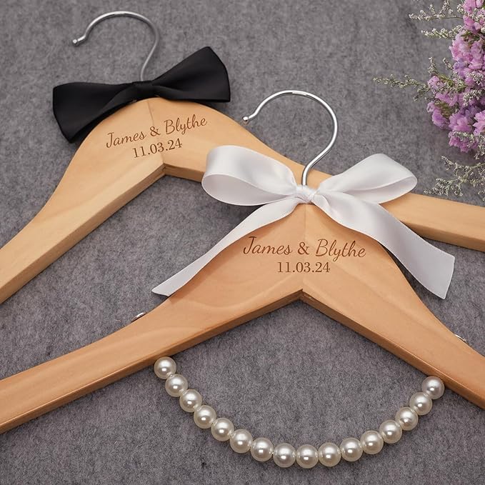 2 Pcs Personalized Wedding Hanger for Bride and Groom, Wooden Bride Hanger, Custom Mr and Mrs Hangers with Bow Tie for Tuxedo, Bridal Party Shower, Wedding Gift