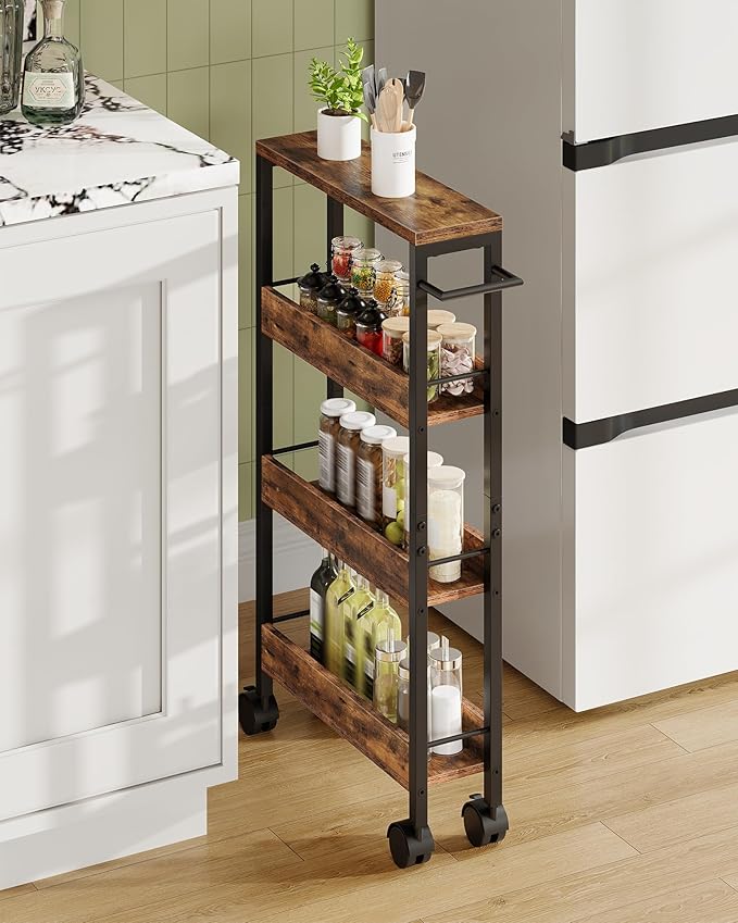 4-Tier Slim Storage Cart, 5.1'' Kitchen Serving Trolley, Slim Rolling Cart with Handle and Guard Rails, Slim Cabinet for Small Spaces, for Dining Room, Rustic Brown and Black TTC01BF