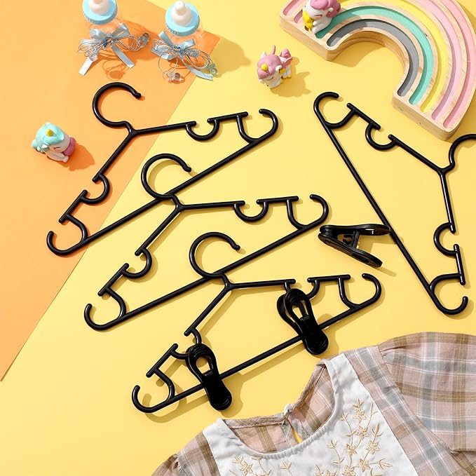 Hsei 5/10/40 Pack Baby Hangers with 10/20/80 Clips, Plastic Kids Pants Hangers for Nursery Closet Top and Bottom Clothes Hanger Set for Newborn Infant Toddler(15 Packs Total,Black,10.6 Inch)