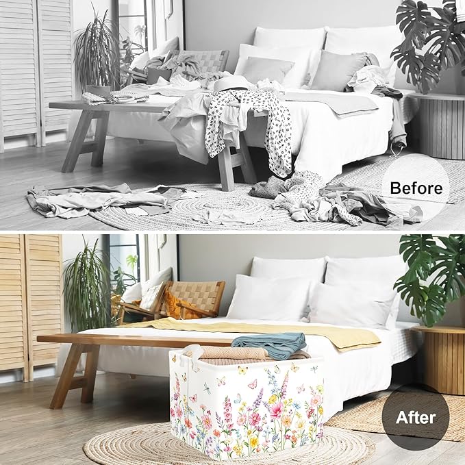 Clastyle Wildflower Baby Laundry Hamper Collapsible Clothes Kids Storage Basket Waterproof Women Girls Toy Box for Nursery Room,Butterflies,40 * 30 * 30 cm