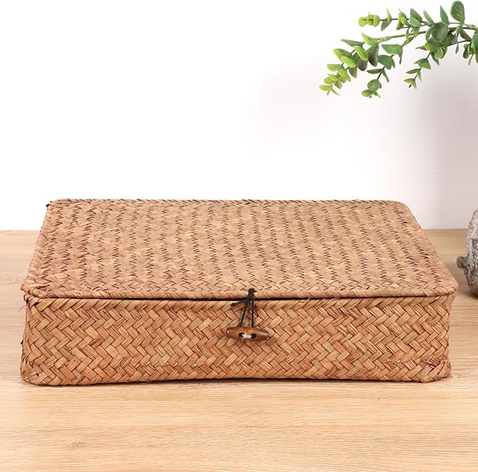 Flat Wicker Shelf Baskets with Lid, Handwoven Seagrass Basket Boxes for Storage Baskets Bins Home Decor Organizer (Coffee Large)