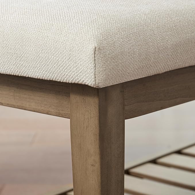 Entryway Bench, Chenille Upholstered Shoe Benches for Bedroom, Ottoman Bench with Solid Wood Shelf, Storage Benches for Hallway, Living Room(Beige)