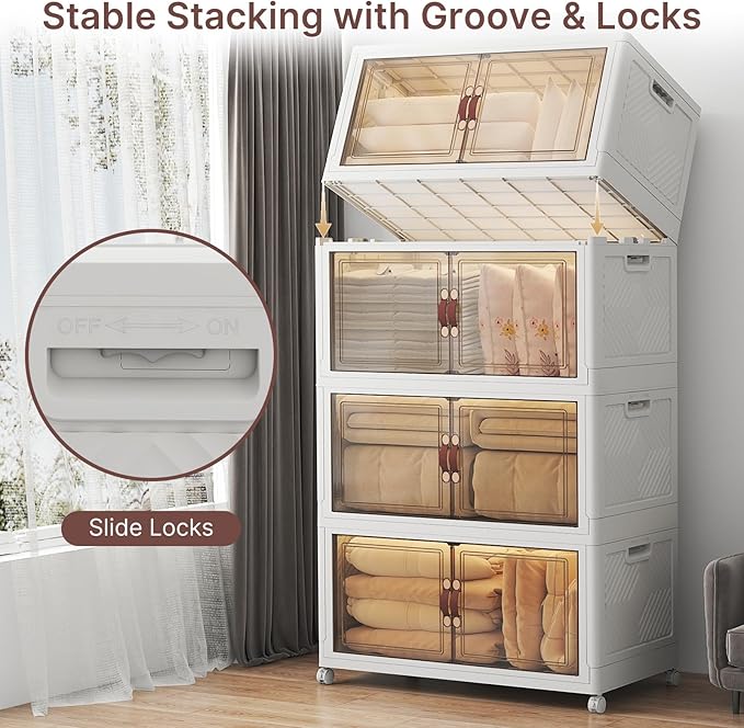 Extra Large Stackable Storage Bins, Lockable Storage Bins with Lids, Folding Storage box with Doors and Wheels, Collapsible Plastic Drawers for Home, Garage, Office (8, White, Extra Large)
