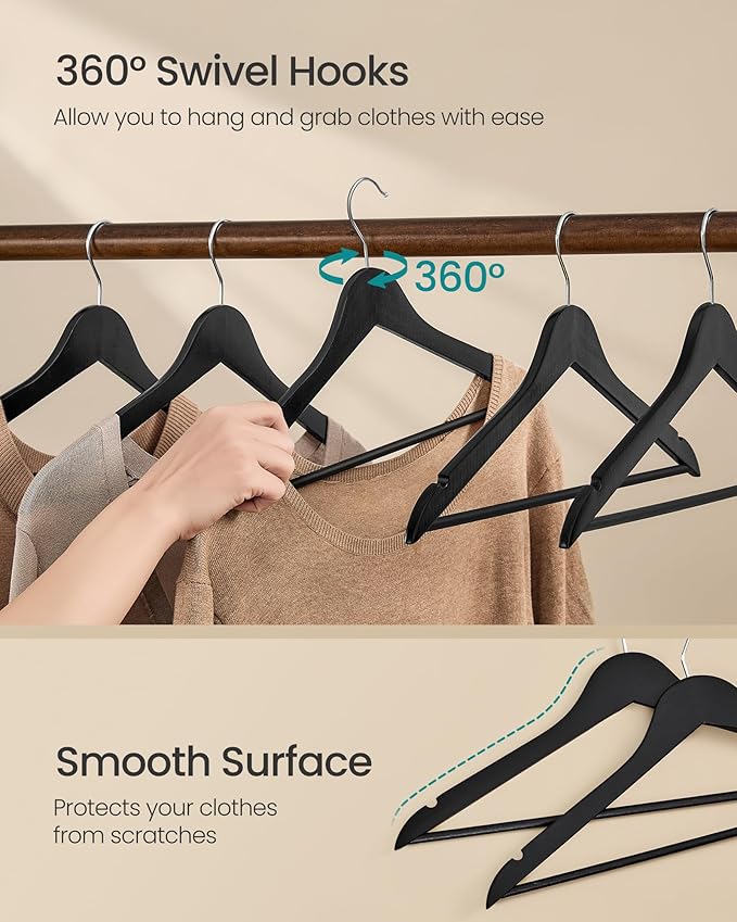 SONGMICS Wooden Hangers, Pack of 20, Coat Hangers, Pants Bar, 360° Swivel Hooks, Solid Birch Wood, 0.3-Inch Thick, Space Saving, for Jackets, Shirts, Coats, Ink Black UCRW040B01