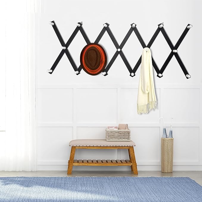 Dseap Accordian Wall Hanger: 16” High Wooden Wall Expandable Coat Rack, Hat Rack Holder, Accordion Hook for Baseball Caps, Coats, Mugs,17 Peg Hooks, Black & White