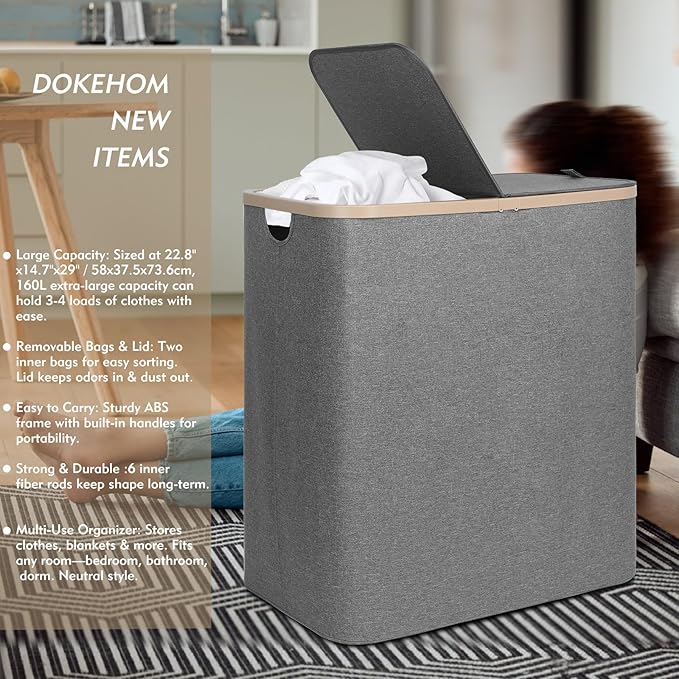 DOKEHOM 160L Double Laundry Basket with Removable Lid and Laundry Bags, Large Collapsible Laundry Hamper with 2 Sections (Dark Grey)