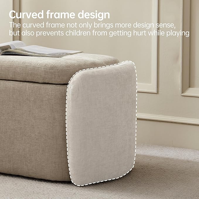VKNOW Oval Storage Ottoman Bench, 46" Upholstered End of Bed Bench Ottomans Bench Foot Rest, Sherpa Storage Bench for Bedroom, Living Room and Hallway, Light Brown