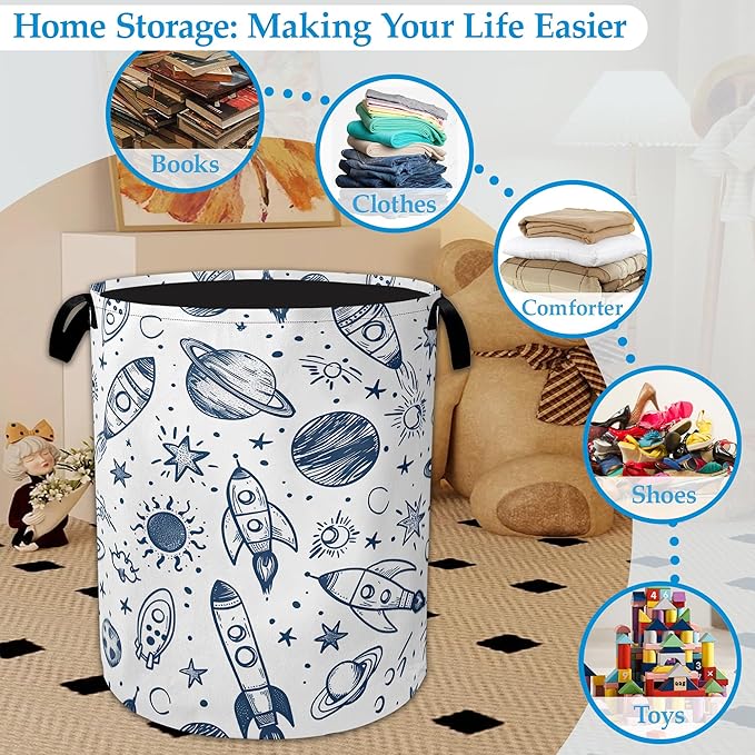 Vintage Planet Rocket Laundry Basket Collapsible Laundry Hamper Clothes Toy Storage Bin for Bathroom Bedroom Room Decor 16" X 20.8"